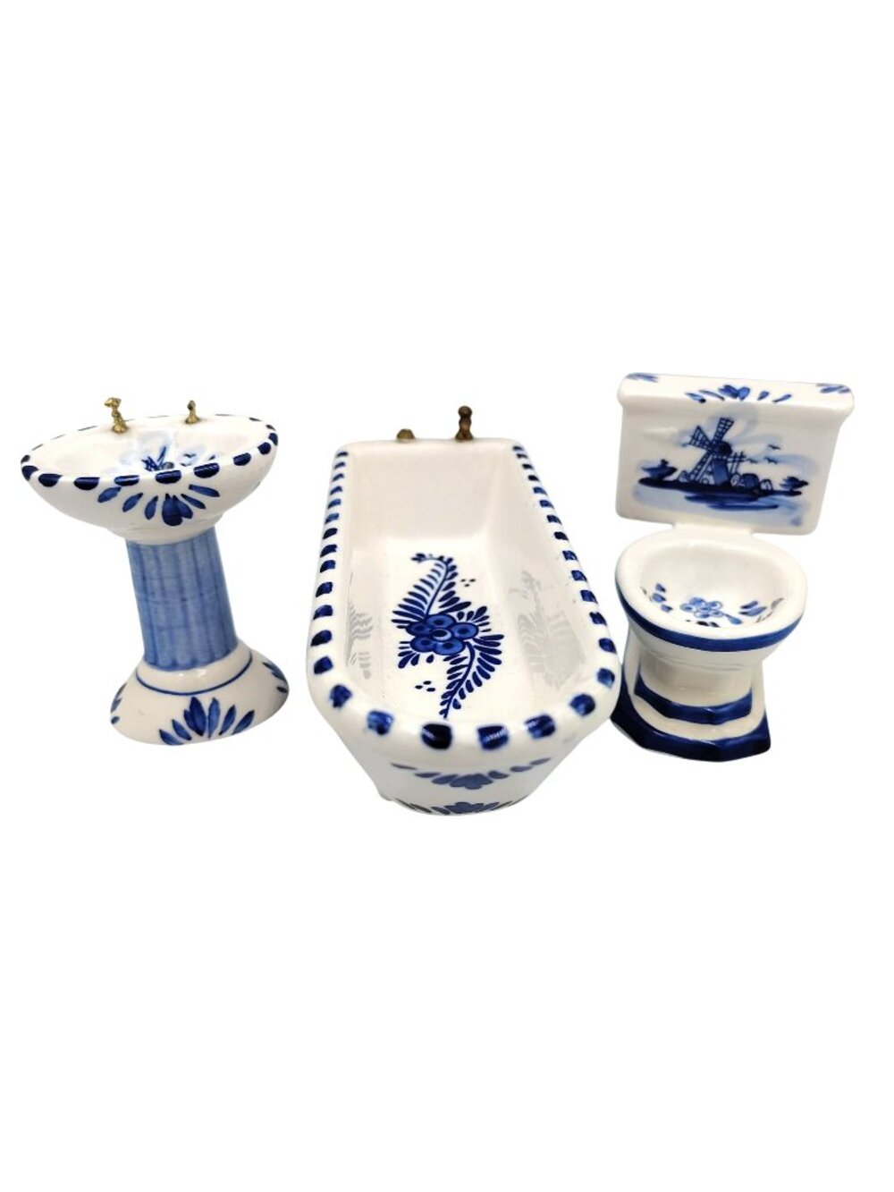 DAI Handpainted Delft Blue Dollhouse Bathroom Set Tub Sink Toilet Vintage 3 Pc